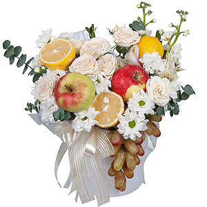 Bacardi White Spray Chrysanthemum - 2, Peony sprayrose - 2, White Matthiola - 3, Alstromeria white, soft pink - 3, Round flower box small , Oasis, Eucalyptus Cinerea, Lemon, 1 pc., Apple, 1 pc., Grapes, Wooden skewer, Ribbon