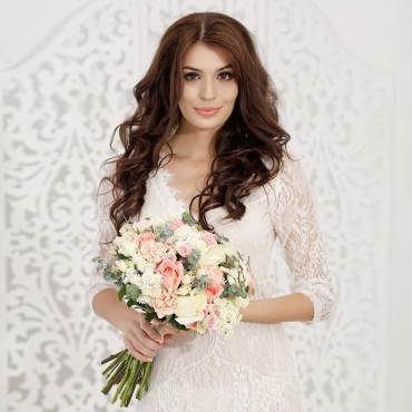 Pink rose 50 cm - 7, White rose 50 cm - 4, Spray rose 50 cm (multiple small blooms on a stem) - 8, Carnations - 5, Athos poms Stallion - 5, Eucalyptus parvifolia (1 pc.), Wrapping Paper, Ribbon