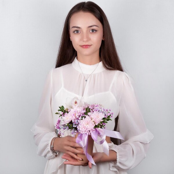 Baltica Pink Spray Chrysanthemum - 2, Colored gypsophila - 2, White Cymbidium Orchid Bud - 1, Cardboard pot (cup), Oasis, Pistachio, Flask for orchids, Ribbon