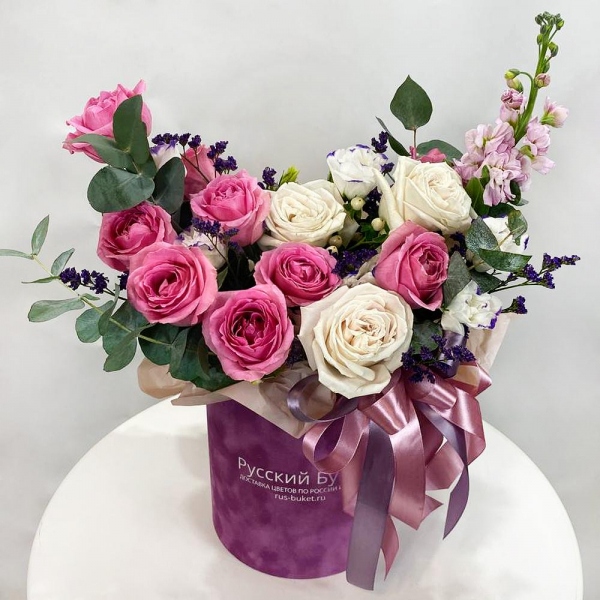 Rose pink Kenya - 11, White rose 50 cm - 4, Pink Matthiola - 1, Purple Lisianthus (Eustoma) - 2, Round flower box small , Oasis, Eucalyptus Cinerea, Limonium (1 pc.), Hypericum, Ribbon, Wrapping Paper