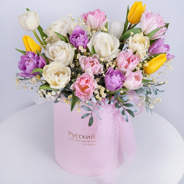 White rose 50 cm - 7, Pink tulip - 6, Gypsophila - 1, Tulip white - 9, Yellow tulip - 4, Lilac tulip - 6, Round flower box small , Oasis, Pistachio, Ribbon