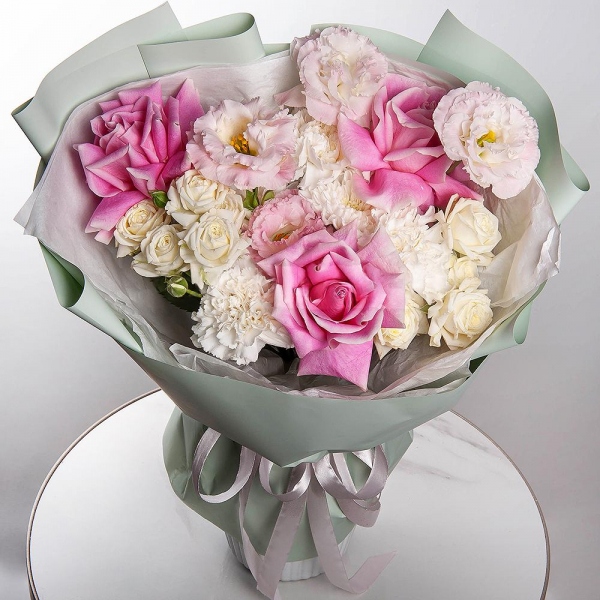 Rose Pink 50 cm Ecuador (Chelo, Hermosa, Novia, Titanik, Engagement, Pink Mondiale) - 3, Pink Lisianthus (Eustoma) - 2, Spray rose: white, cream, light pink 50 cm - 2, Carnation white, cream - 7, Baltica White Spray Chrysanthemum - 1, Wrapping Paper
