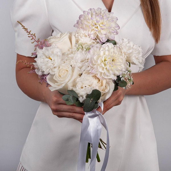 White Dahlia - 2, lisianthus - 3, White rose 50 cm Ecuador - 5, Carnation white, cream - 5, Astilbe, Ozotamnus, Eucalyptus, Ribbon