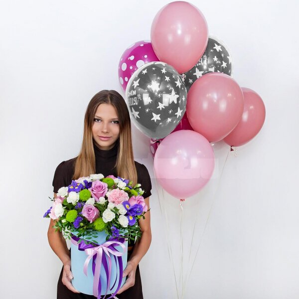 Deep Purple rose - 7, Spray rose: white, cream, light pink 50 cm - 11, Pink carnation - 5, Irises - 5, Athos pom Feeling Green - 4, Round flower box medium, Oasis, Film, Pistachio, Blue Statice, Helium Balloon (1 pc.), Ribbon