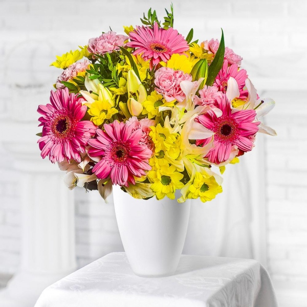 Gerbera pink - 7, Pink carnation - 8, Lilies - 4, Bacardi Yellow Spray Chrysanthemum - 6, Pistachio, Mesh (Abaka), Ribbon