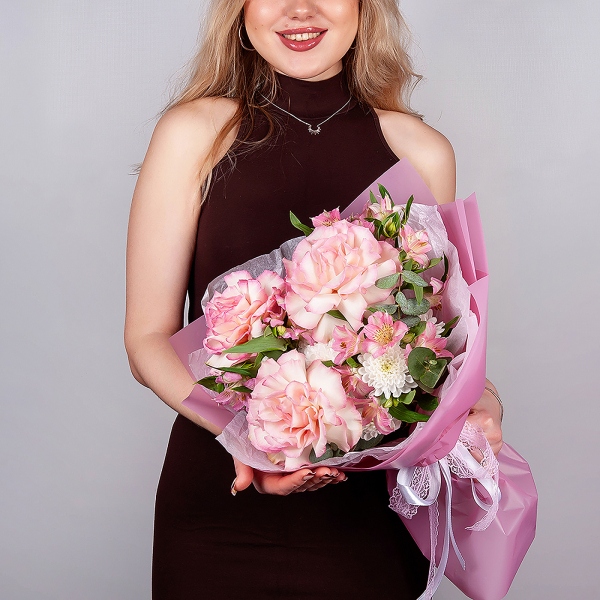 Rose Esperance - 7, Alstromeria white, soft pink - 5, Baltica White Spray Chrysanthemum - 2, Eucalyptus, Wrapping Paper
