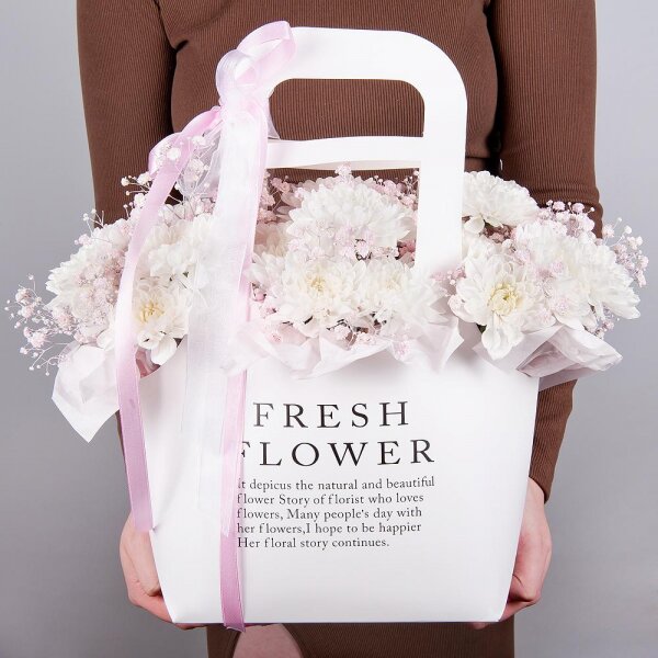 Baltica White Spray Chrysanthemum - 4, Colored gypsophila - 3, Flower bag, Oasis, Ribbon