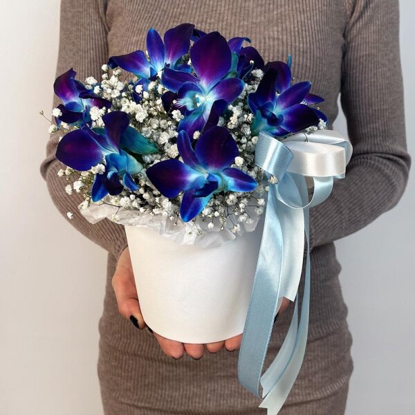 Gypsophila - 6, Orchid Dendrobium - 9, Flask for orchids, Oasis, Round flower box small , Ribbon
