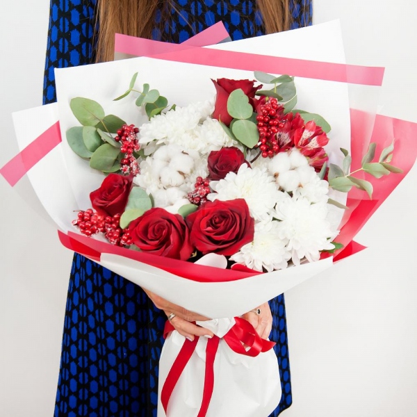 Baltica White Spray Chrysanthemum - 4, Red rose 50 cm - 7, Alstromeria Red, Bright Pink - 2, Cotton bud, Eucalyptus Cinerea, Decorative element medium, Wrapping Paper, Ribbon