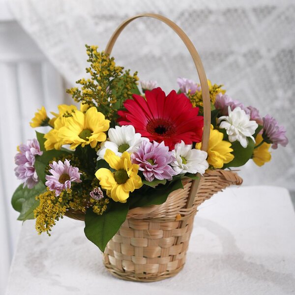 Gerbera pink - 2, Bacardi White Spray Chrysanthemum - 2, Bacardi Yellow Spray Chrysanthemum - 1, Bacardi Pink Spray Chrysanthemum - 1, Small Basket, Oasis, Solidago (1 pc.), Salal