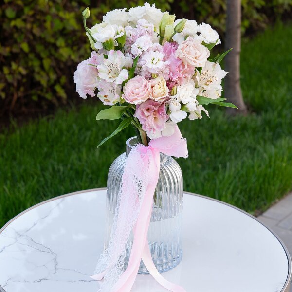 lisianthus - 3, Pink Lisianthus (Eustoma) - 3, Alstromeria white, soft pink - 7, Pink Matthiola - 2, Pink spray carnation - 5, Ribbon