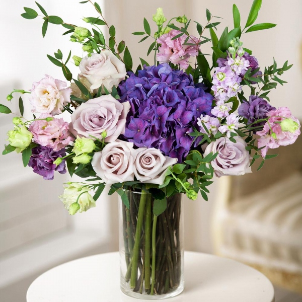 Blue/purple hydrangea - 2, Pink rose 50 cm - 7, Matthiola Lilac - 3, Lilac carnation - 4, Pink Lisianthus (Eustoma) - 4, Ruscus, Eucalyptus parvifolia (1 pc.), Wrapping Paper