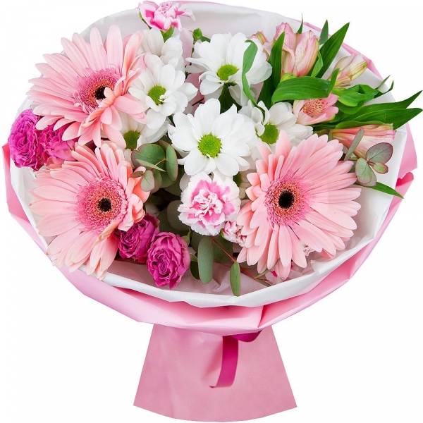 Gerbera pink - 3, Bacardi White Spray Chrysanthemum - 2, Pink spray carnation - 3, Bright pink spray rose mix, 50 cm - 2, Alstromeria white, soft pink - 2, Eucalyptus Cinerea, Wrapping Paper