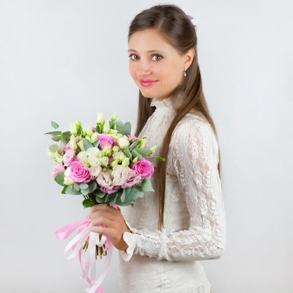 Pink rose 50 cm - 7, Pink Lisianthus (Eustoma) - 5, Spray rose: white, cream, light pink 50 cm - 5, Veronica spray, Ribbon, Eucalyptus