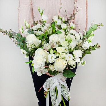 White rose 50 cm - 5, Spray rose 50 cm (multiple small blooms on a stem) - 2, Alstromeria white, soft pink - 1, Baltica White Spray Chrysanthemum - 2, Carnations - 2, lisianthus - 1, Blue Statice, Bunch of willows, Lace, Ribbon, Eucalyptus Cinerea