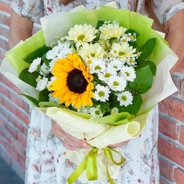 Sunflower - 3, Bacardi Yellow Spray Chrysanthemum - 2, Santini White Spray Chrysanthemum - 3, Chamomile - 2, Salal, Wrapping Paper, Ribbon