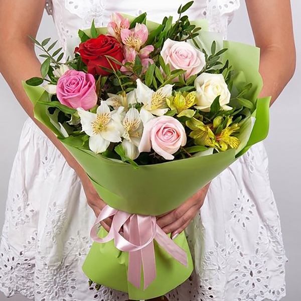 Red rose 50 cm - 2, Alstromeria Yellow, Orange - 2, Alstromeria white, soft pink - 3, White rose 50 cm - 2, Pink rose 50 cm - 5, Pistachio, Wrapping Paper