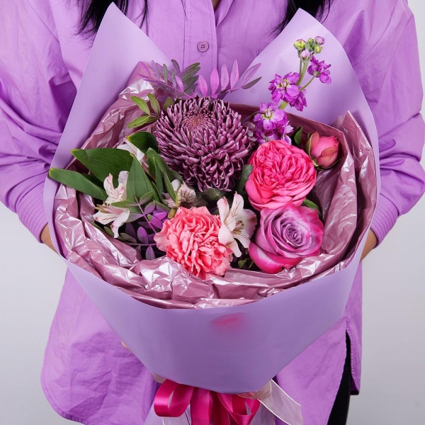 Chrysanthemum Bigoudi purple - 1, Matthiola Lilac - 1, Pink carnation - 1, Deep Purple rose - 3, Spray peony rose  - 1, Alstromeria white, soft pink - 1, Pistachio, Wrapping Paper, Ribbon