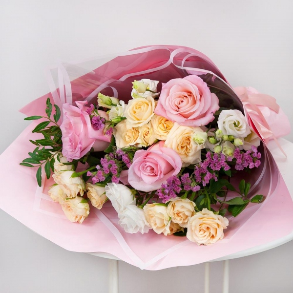 Pink rose 50 cm - 5, Spray rose: white, cream, light pink 50 cm - 3, lisianthus - 3, Pink Statice, Pistachio, Wrapping Paper