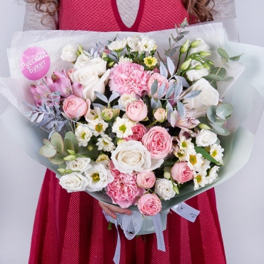 Santini White Spray Chrysanthemum - 3, Alstromeria white, soft pink - 2, Carnations - 2, White rose 50 cm - 3, lisianthus - 3, Peony sprayrose - 3, Pistachio, Eucalyptus Cinerea, Wrapping Paper, Ribbon