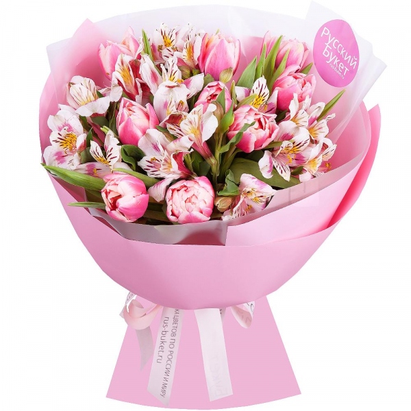 Alstromeria white, soft pink - 7, Pink tulip - 12, Wrapping Paper, Ribbon