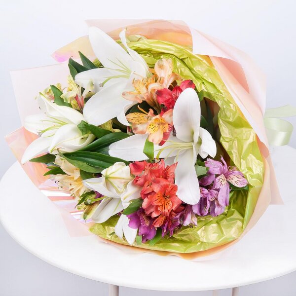 Lilies - 3, Alstromeria white, soft pink - 6, Alstromeria Red, Bright Pink - 2, Alstromeria lilac, purple - 2, Wrapping Paper, Ribbon