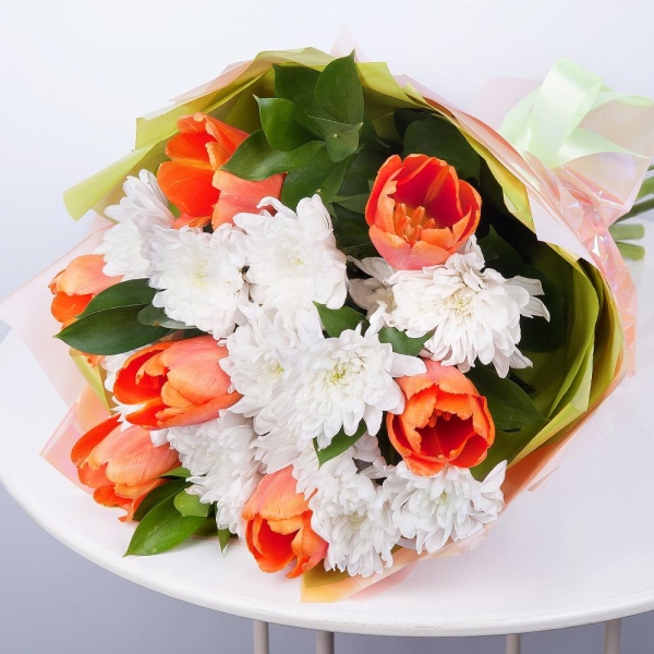 Baltica White Spray Chrysanthemum - 4, Orange tulip - 13, Ruscus, Wrapping Paper, Ribbon