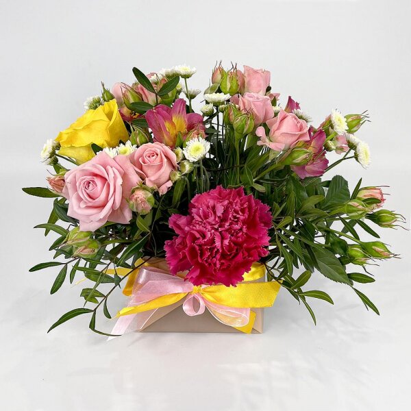 Pink carnation - 2, Yellow rose 50 cm - 1, Alstromeria Red, Bright Pink - 2, Bright pink spray rose mix, 50 cm - 1, Athos poms Stallion - 1, Oasis, Wrapping Paper, Pistachio