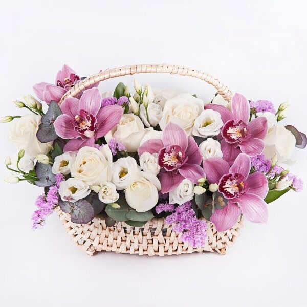 Pink Cymbidium Orchid Bud - 9, White rose 50 cm - 11, lisianthus - 3, Medium Basket, Oasis, Eucalyptus Cinerea, Flask for orchids, Pink Statice