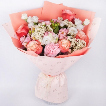 Peony rose Kahala 50 cm - 5, Spray rose 50 cm (multiple small blooms on a stem) - 3, Alstromeria white, soft pink - 2, lisianthus - 2, Carnations - 3, Ozotamnus, Wrapping Paper, Lace