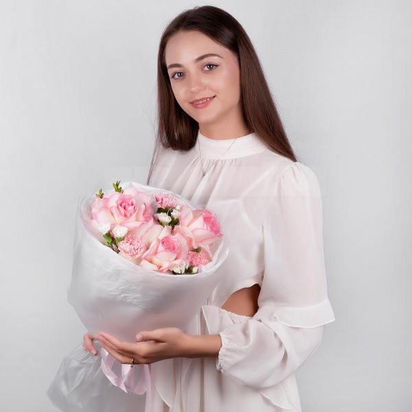 Rose Esperance - 3, Pink carnation - 2, White spray carnation - 5, Wrapping Paper