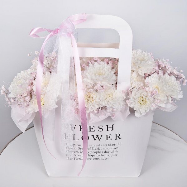Baltica White Spray Chrysanthemum - 4, Colored gypsophila - 5, Flower bag, Oasis, Ribbon