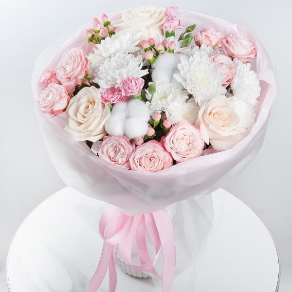 Peony sprayrose - 2, Baltica White Spray Chrysanthemum - 3, Pink spray carnation - 5, White rose 50 cm - 5, Cotton bud, Hypericum, Wrapping Paper