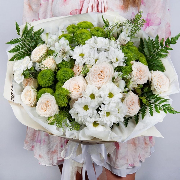 Bacardi White Spray Chrysanthemum - 2, Peony sprayrose - 3, Alstromeria white, soft pink - 7, White spray carnation - 6, Athos pom Feeling Green - 3, Green bell (1 pc.), Fern (1 pc.), Wrapping Paper
