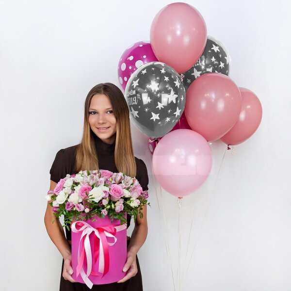 Pink rose 50 cm - 12, Alstromeria white, soft pink - 6, Spray rose: white, cream, light pink 50 cm - 11, Pink Lisianthus (Eustoma) - 6, Round flower box medium, Oasis, Film, Pistachio, Helium Balloon (1 pc.), Ribbon