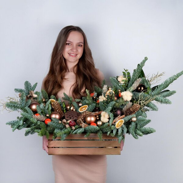 Wooden pot, Oasis, Spruce branches (1pc.), Artificial branch, Christmas decor (set), Dried flowers decor, Cotton bud, Cinnamon decorative packaging, Pistachio