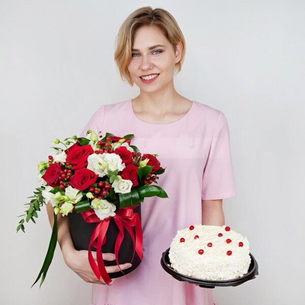 Red rose 50 cm - 9, lisianthus - 5, Round flower box medium, Oasis, Film, Ruscus, Aspidistra (1 pc.), Hypericum, Eucalyptus parvifolia (1 pc.), Cake in assortment, Ribbon